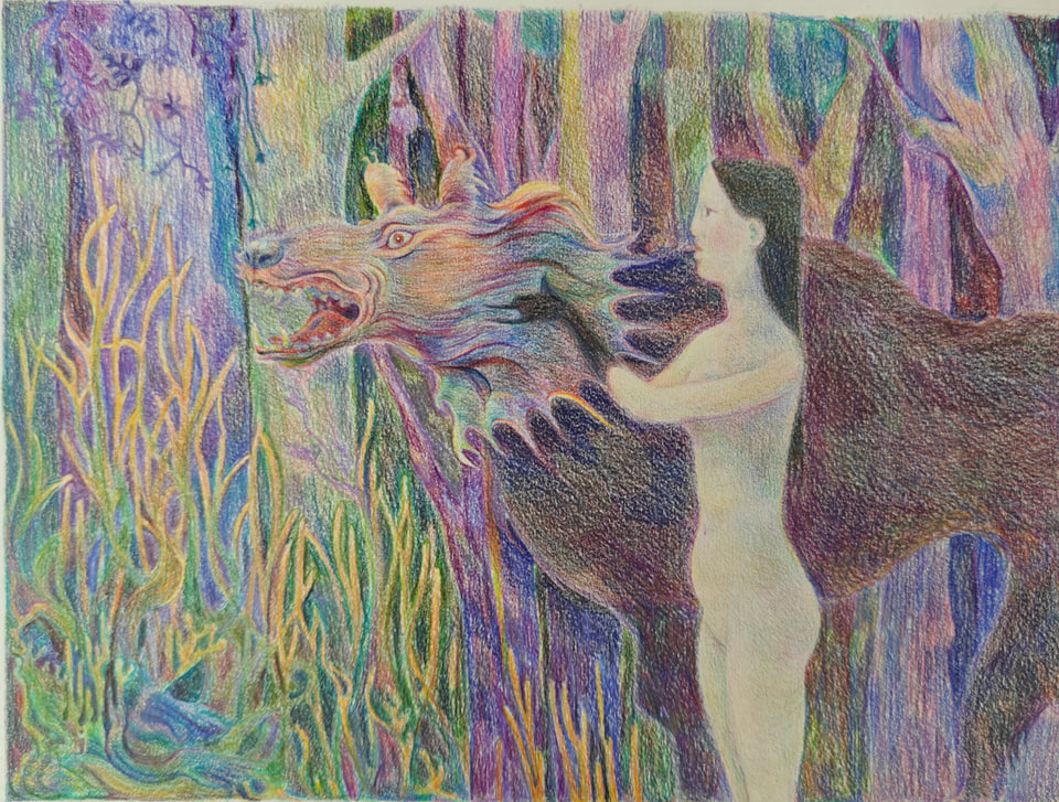 Surreal woodland artwork with figures, animals, and layered pastel colors.