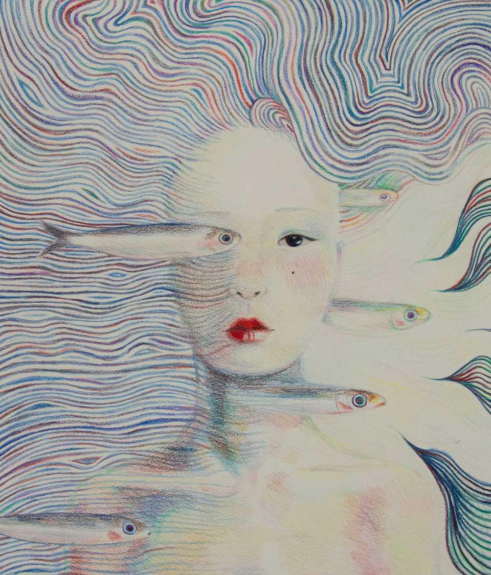 A pale face surrounded by fish and flowing multicolored lines.