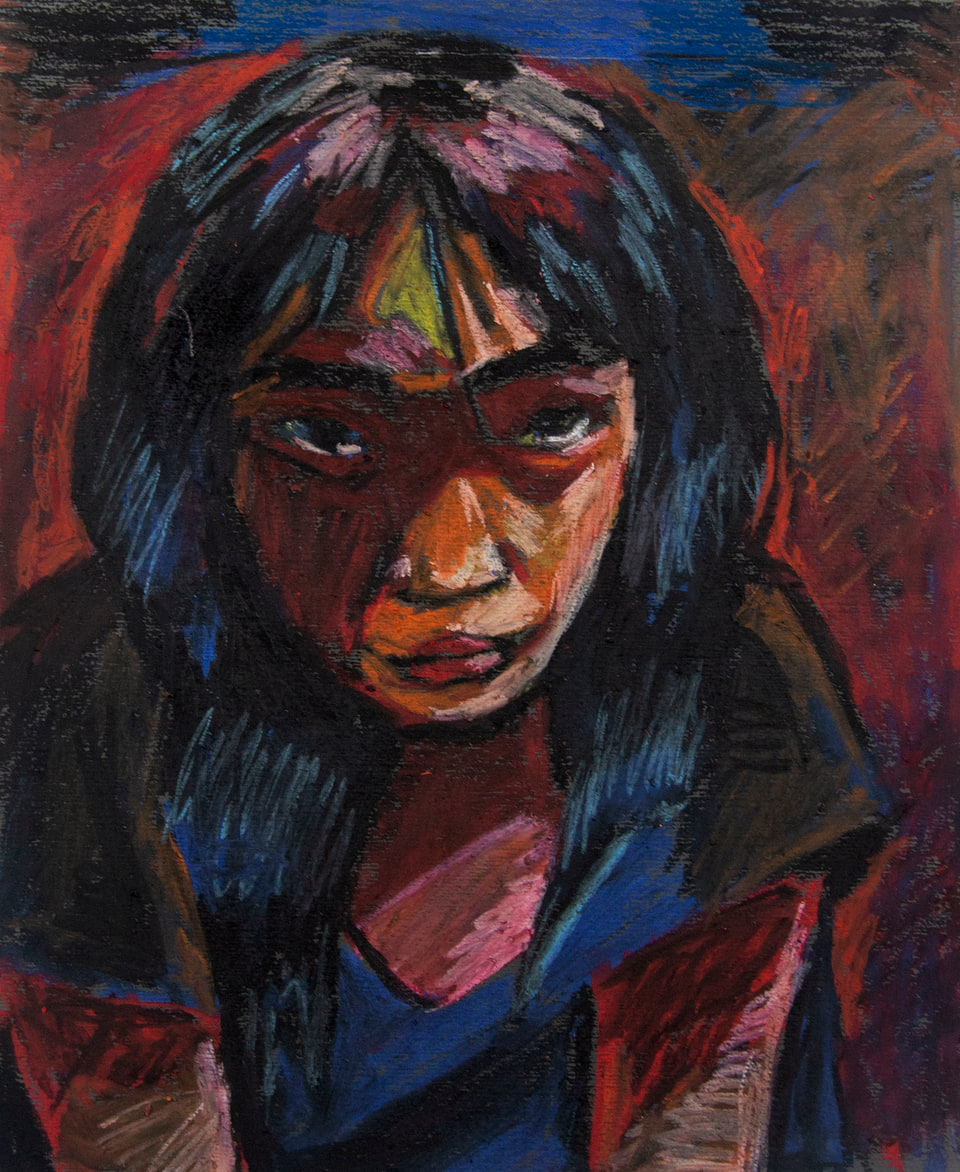 An expressive portrait with dark hair, red shadows, and warm highlights.