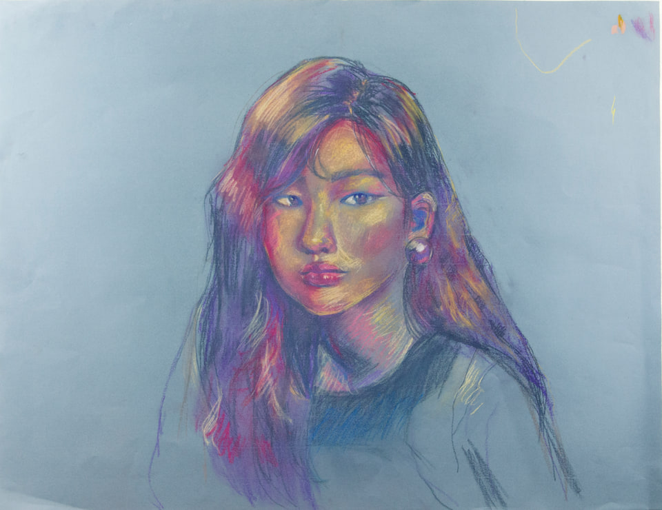 A softly colored portrait with lavender hair against a pale blue background.