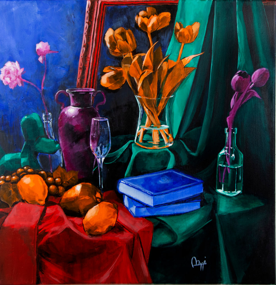 A colorful still life of flowers, glass vessels, books, and fruit.