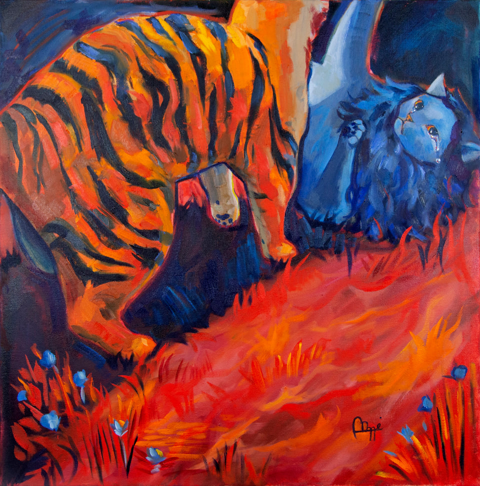 A tiger and a blue figure in a vivid orange landscape.