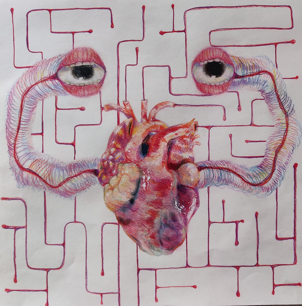 An anatomical heart connected to outlined eyes by branching red lines.