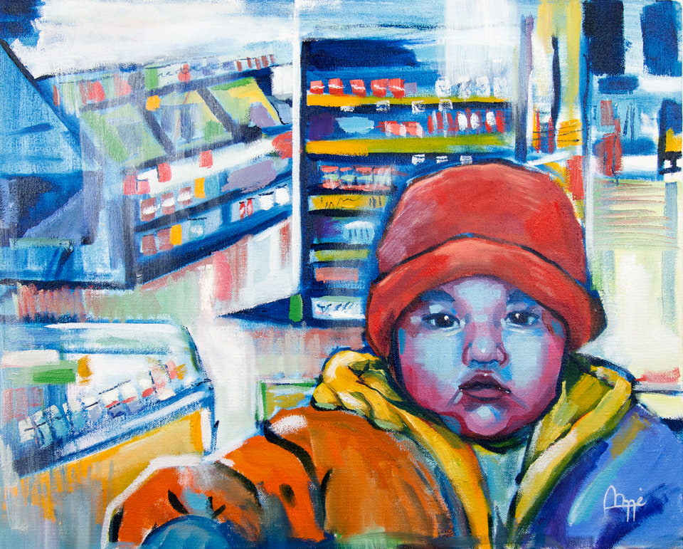 A child wearing a red hat in a colorful shop setting.