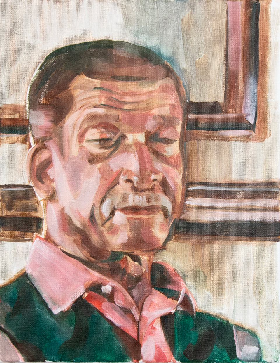A portrait of an older man in muted green and pink tones.