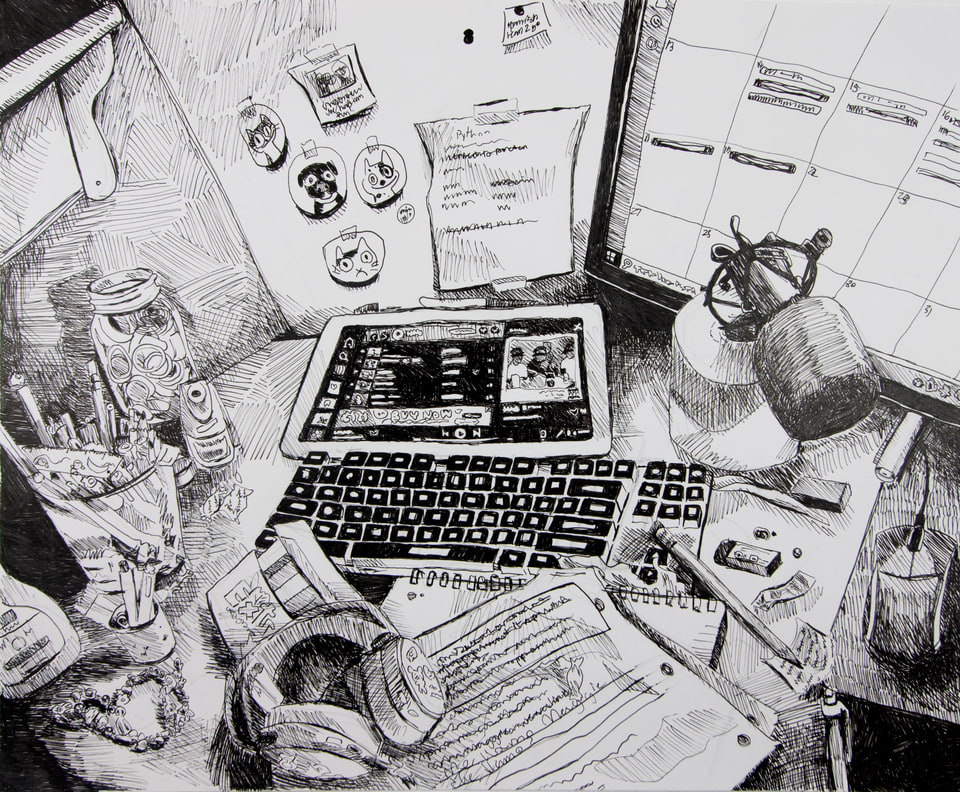 A detailed black-and-white drawing of a laptop and a busy art desk.
