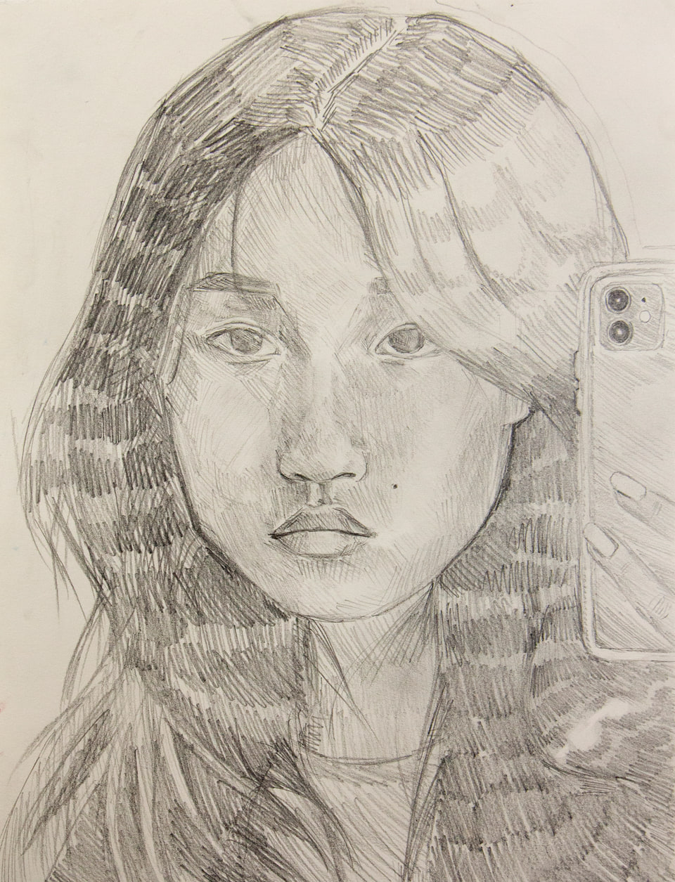 A pencil portrait of a young woman holding a phone.